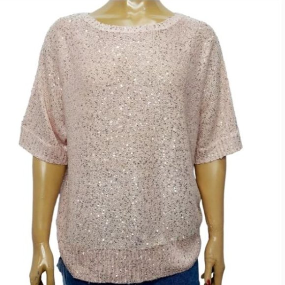 NWT Emaline Pink Pullover Sequin Short‎ Sleeve Sweater Blouse Size XL - Picture 1 of 16